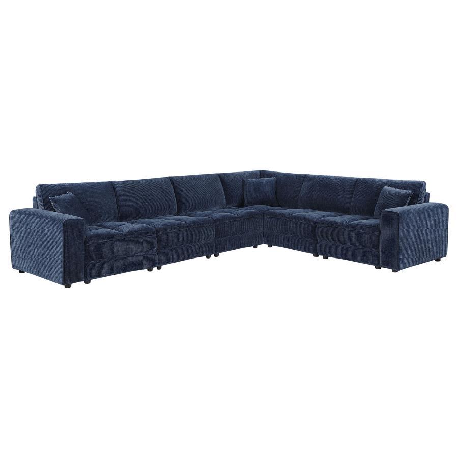 This retro-inspired modular sectional brings a blend of comfort and contemporary style to your living space. Featuring soft blue corduroy upholstery and a sophisticated grid-tufted design, it delivers both elegance and coziness. The fully encased solid an