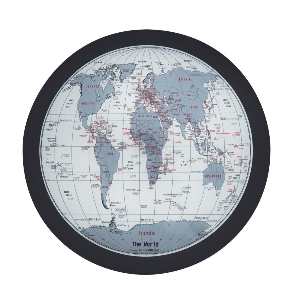 Offer the world at your finger tips, well at least a lay out of it, with the Boli side table. The glass top includes a map pattern, so no worries about coasters. The top sets on a healthy scaled post and thick round base. Brush up on your geography and ge