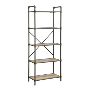 If you-'re a fan of urban industrial design, it-'s easy to see why the Itzel bookcase is a bestseller. The sandy gray frame is sleek, sculptural and ultra modern. Beautified with an antique oak finish, five gallery shelves stack up to great form and funct