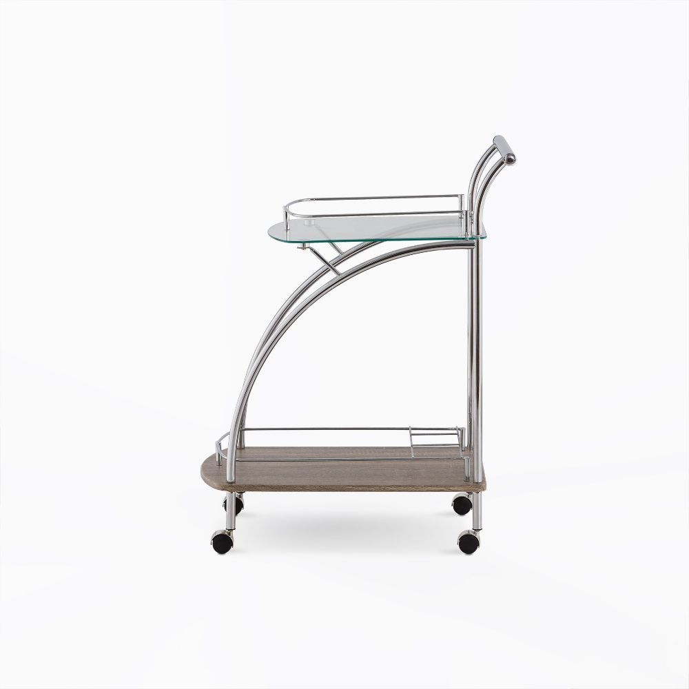 Featuring a retro inspired design, the Badin serving cart has a floating top glass shelf for immediate access and a lower gallery shelf to keep your additional items safe from falling out. Finished in chrome and rolling on four plastic casters, this cart 