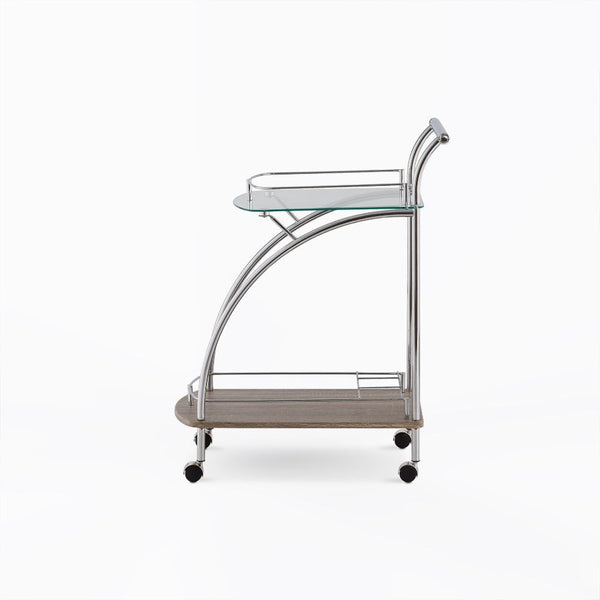  the Badin serving cart has a floating top glass shelf for immediate access and a lower gallery shelf to keep your additional items safe from falling out. Finished in chrome and rolling on four plastic casters