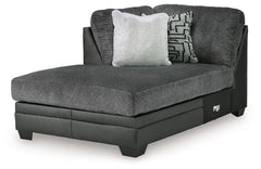 This left-arm facing corner chaise is made with polyester and faux leather upholstery. Pairs with other items in the series to make a sectional.<br><br><b>Additional Dimensions</b><br><ul><li>Seat depth: 57-"</li><li>Seat height: 21-"</li><li>Top of cushi