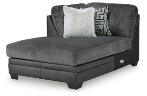 This left-arm facing corner chaise is made with polyester and faux leather upholstery. Pairs with other items in the series to make a sectional.<br><br><b>Additional Dimensions</b><br><ul><li>Seat depth: 57-"</li><li>Seat height: 21-"</li><li>Top of cushi