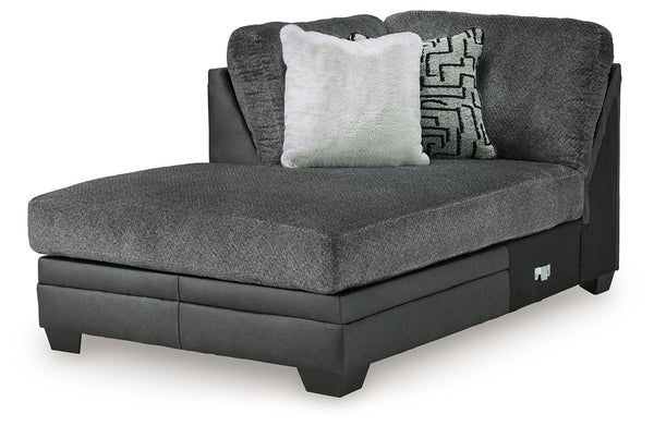 This left-arm facing corner chaise is made with polyester and faux leather upholstery. Pairs with other items in the series to make a sectional.<br><br><b>Additional Dimensions</b><br><ul><li>Seat depth: 57-"</li><li>Seat height: 21-"</li><li>Top of cushi