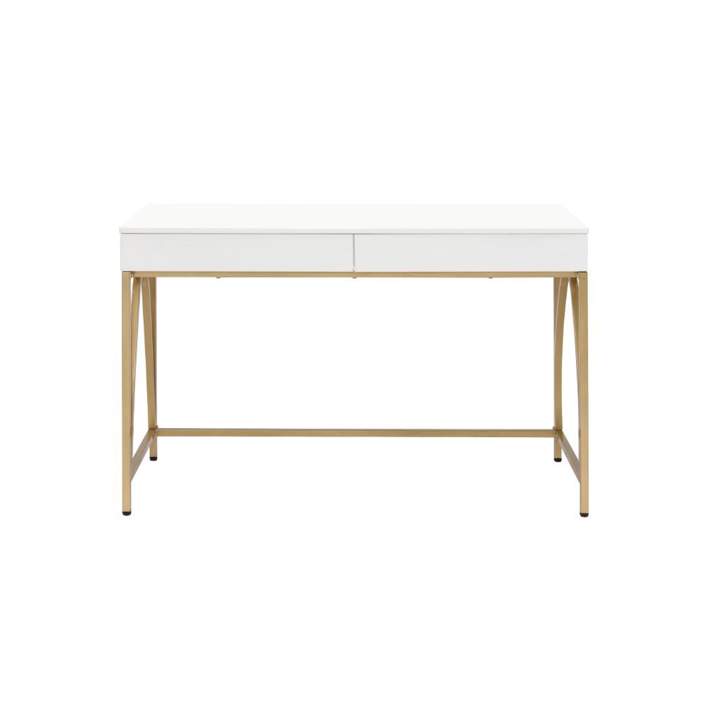 KD, Rectangular Writing Desk () â€¢ Storage: 2 Drw â€¢ Wooden Top+Drw â€¢ Metal Straight-Square Leg (Back Open) â€¢â€¢ CONSTRUCTION] Wooden Top+Drw: High Gloss, 18mm MDF â€¢ Metal Trestle Base: Metal Square Tube, Gold Coating () â€¢â€¢â€¢ Drawer: GLIDE) S