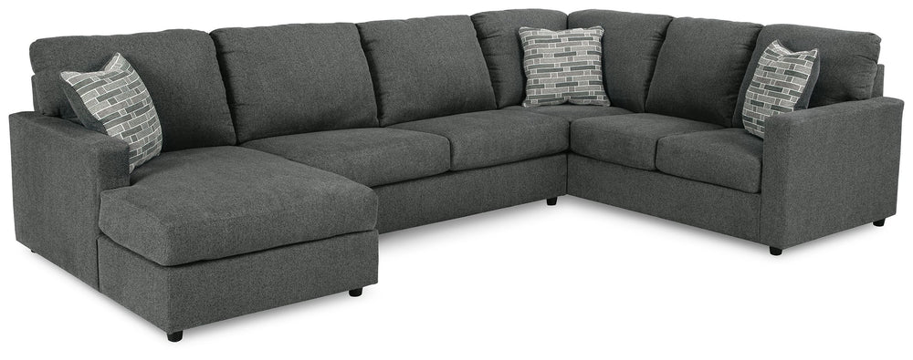 Contemporary fashion, meet superior form. This sectional with chaise is strikingly streamlined with its track arms. Cozy cushions invite superior relaxation, while handsome charcoal upholstery speaks to tried-and-true modern color palettes. Simply kick ba