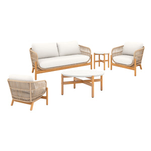 Introducing the Solstice 5 Piece Outdoor Conversation Set in Linen Beige, a complete ensemble that transforms your outdoor space into a cozy retreat. Crafted from FSC Certified Acacia Solid Wood, this set is not only durable but also environmentally frien