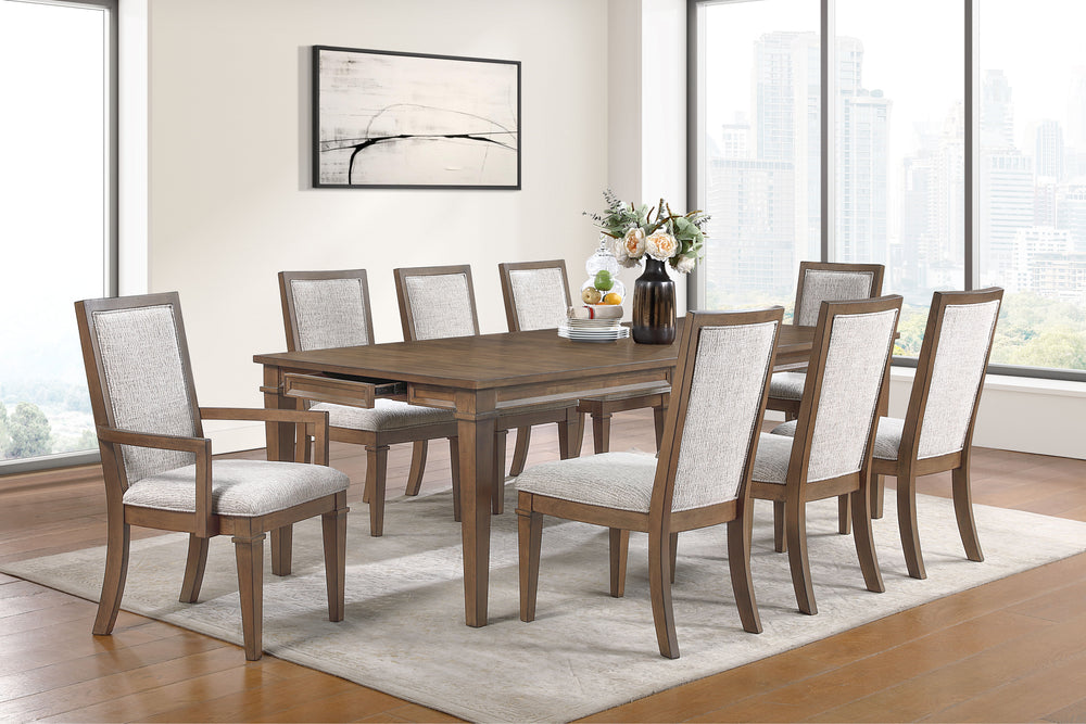 The Mariana 9-Piece Wood Dining Room Set in Vintage Mocha offers a harmonious blend of elegance, durability, and thoughtful design to elevate any dining space. Expertly crafted from solid Rubberwood, premium manufactured woods, and authentic Acacia wood v