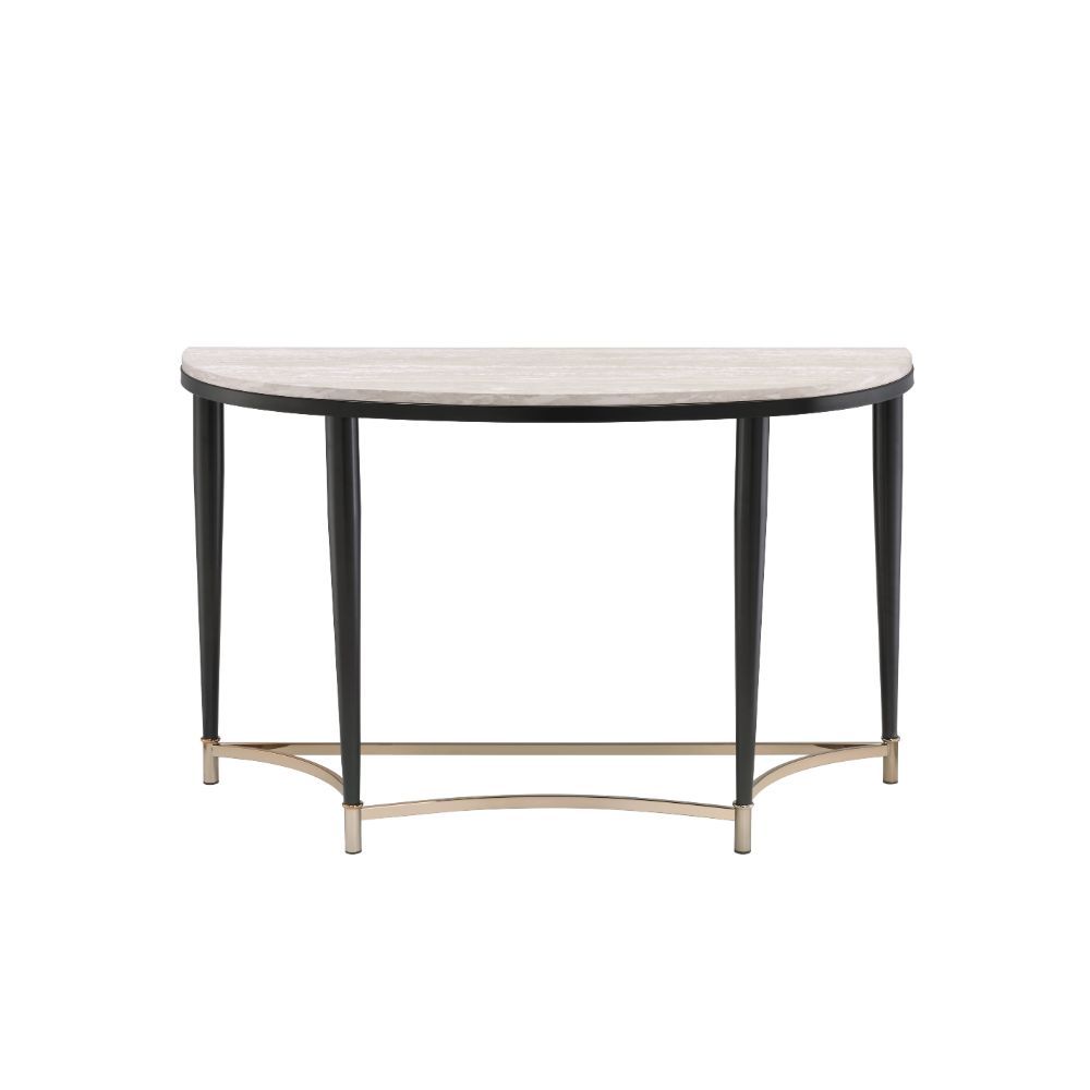 KD, Half-Moon Sofa Table â€¢ NO Storage â€¢ Wooden Top, Metal Tapered Leg â€¢â€¢ CONSTRUCTION] Wooden Top: Veneer (Paper)+ PB â€¢ Metal Apron Trim â€¢ Metal Sled Base: Black Finish, Metal Tube (Arched 4-Crossbars Supports: Gold Finish)<br/><br/><b>Product