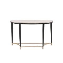 KD, Half-Moon Sofa Table â€¢ NO Storage â€¢ Wooden Top, Metal Tapered Leg â€¢â€¢ CONSTRUCTION] Wooden Top: Veneer (Paper)+ PB â€¢ Metal Apron Trim â€¢ Metal Sled Base: Black Finish, Metal Tube (Arched 4-Crossbars Supports: Gold Finish)<br/><br/><b>Product