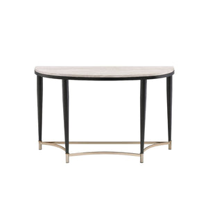 KD, Half-Moon Sofa Table â€¢ NO Storage â€¢ Wooden Top, Metal Tapered Leg â€¢â€¢ CONSTRUCTION] Wooden Top: Veneer (Paper)+ PB â€¢ Metal Apron Trim â€¢ Metal Sled Base: Black Finish, Metal Tube (Arched 4-Crossbars Supports: Gold Finish)<br/><br/><b>Product