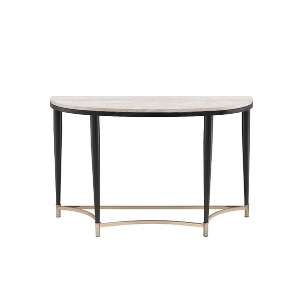 KD, Half-Moon Sofa Table â€¢ NO Storage â€¢ Wooden Top, Metal Tapered Leg â€¢â€¢ CONSTRUCTION] Wooden Top: Veneer (Paper)+ PB â€¢ Metal Apron Trim â€¢ Metal Sled Base: Black Finish, Metal Tube (Arched 4-Crossbars Supports: Gold Finish)<br/><br/><b>Product