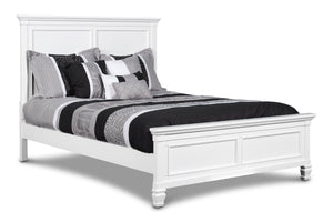 The Tamarack Wood Panel Bed in white is a true standout, showcasing durable construction with a blend of solid poplar, basswood veneers, and eco-friendly manufactured wood for unmatched strength and longevity. This bed-'-'s versatile transitional style ma