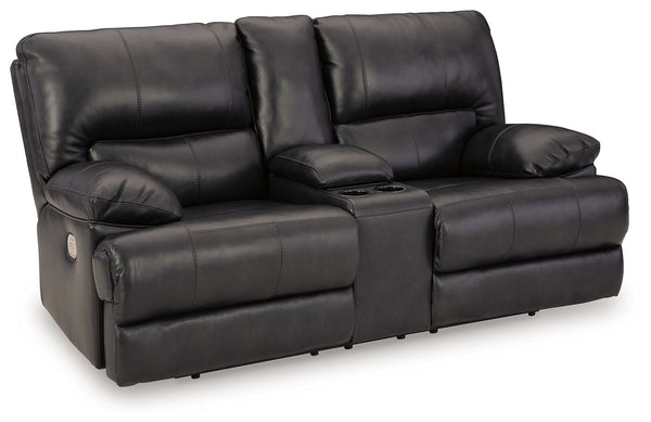 Striking form, meet contemporary function. This power reclining loveseat combines your ideal comfort features, like one-touch reclining and adjustable headrests, into one sophisticated package. With a design defined by the luxe look of black leather, this