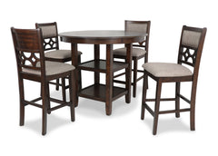 The graceful Mitchell 5 Piece Counter Dining Table and Chair Set is built with durability and comfort in mind. This dining set provides spacious seating for four and two handy storage shelves located under the table top to display dinnerware or decor. The