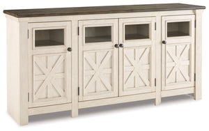 Whether your style is farmhouse fresh, shabby chic or country cottage, youâ€™ll find this extra large TV stand perfectly in tune. Its two-tone, gently distressed finish pairs weathered oak with antiqued white for that much more quaint character. Charming 