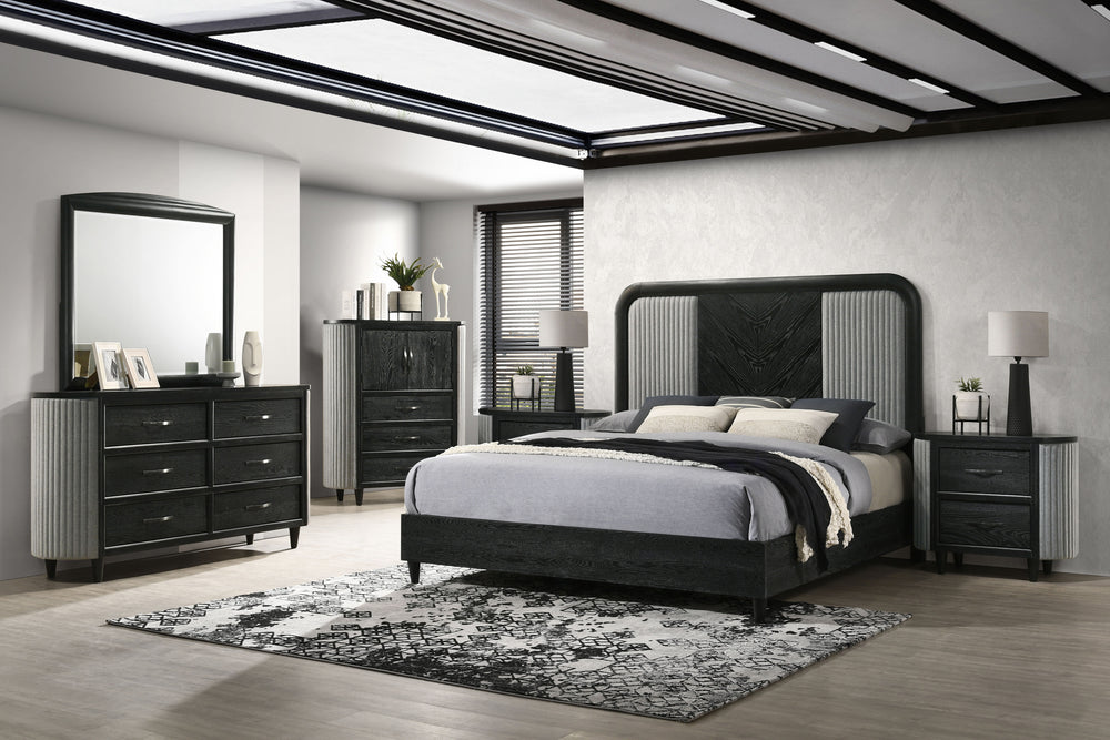 The Skyline 6-Piece Bedroom Set blends modern style with durability. Crafted from solid Rubberwood, engineered woods, and Ash veneers, it features an Onyx Black finish with gray glazing that enhances the wood grain. The upholstered panel bed adds plush co