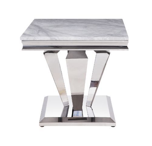 Contemporary flair breathes new life and interest into traditional design. The perfect combination of beauty and style features classic pedestal base topped with light grey marble. Updated modern touches are seen throughout the table base such as sleek, u