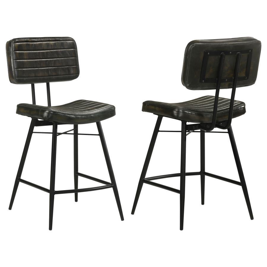 Add a retro-inspired touch to a space with this industrial-inspired counter height stool. Wrapped in a leather upholstery across the contoured backrest and seat, this stool offers ultimate comfort and stability. Each leather piece includes hand-dyed detai