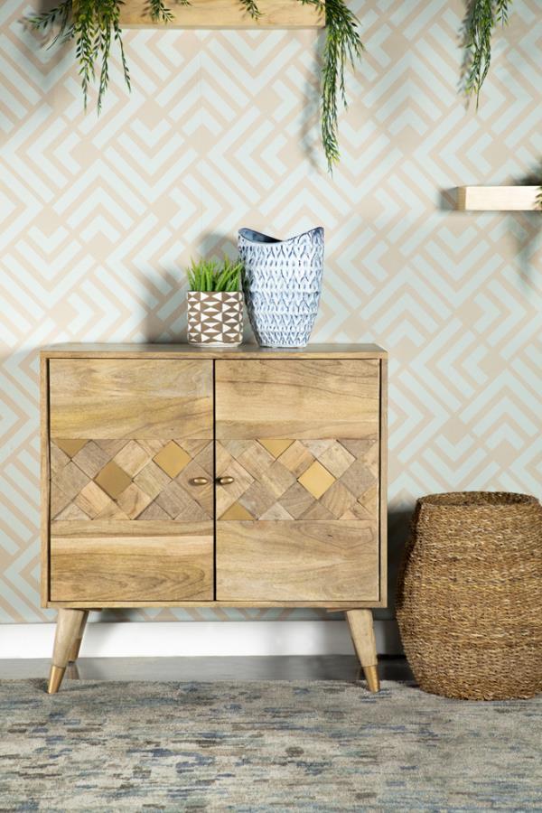 Enhance your space with the natural charm of this two-door accent cabinet, crafted from solid mango wood in a warm natural finish. The checkered woodgrain pattern across the cabinet doors creates a striking visual effect, blending rustic and modern aesthe