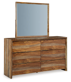 Discover something extraordinary with this clean-lined dresser and mirror. The rich natural beauty of the wood, enhanced with a clear wood-tone finish, brings an organically stunning vibe to your bedroom. Strikingly simple drawers lend a hand with keeping