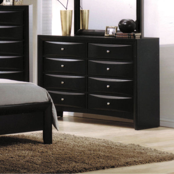 The Ireland I dresser with 8 spacious drawers is sure to provide style and functionality for any bedroom needs. All drawers have English dovetail with center metal glides. The dresser is complemented by slightly flared square legs and a modern black finis