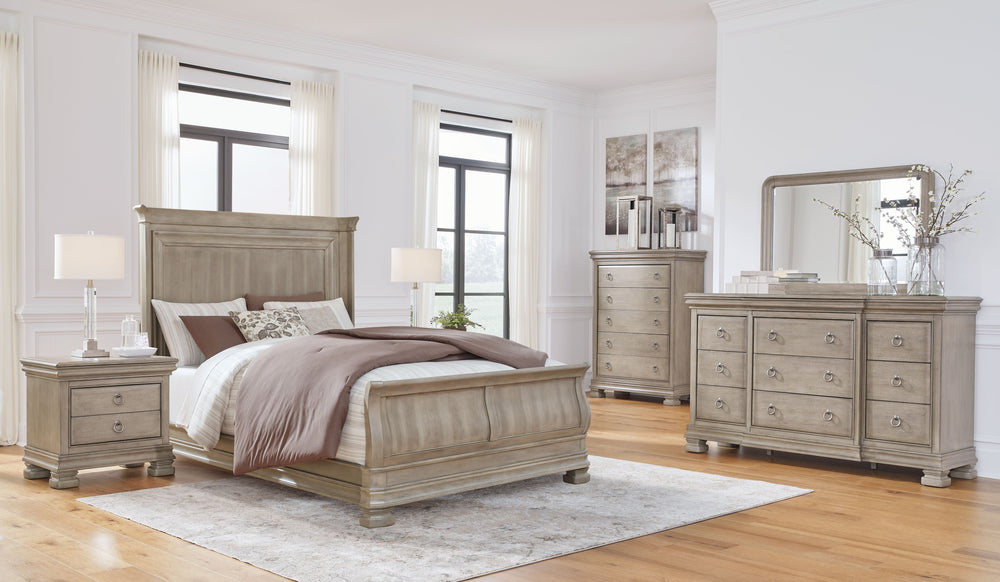 Casual traditional styling. Made with hardwood solids, birch veneer and mdf substrate. A light gray finish enhances the natural wood grain colors for a casual look. Drawers feature dovetail construction, fully finished interiors and ball bearing side glid