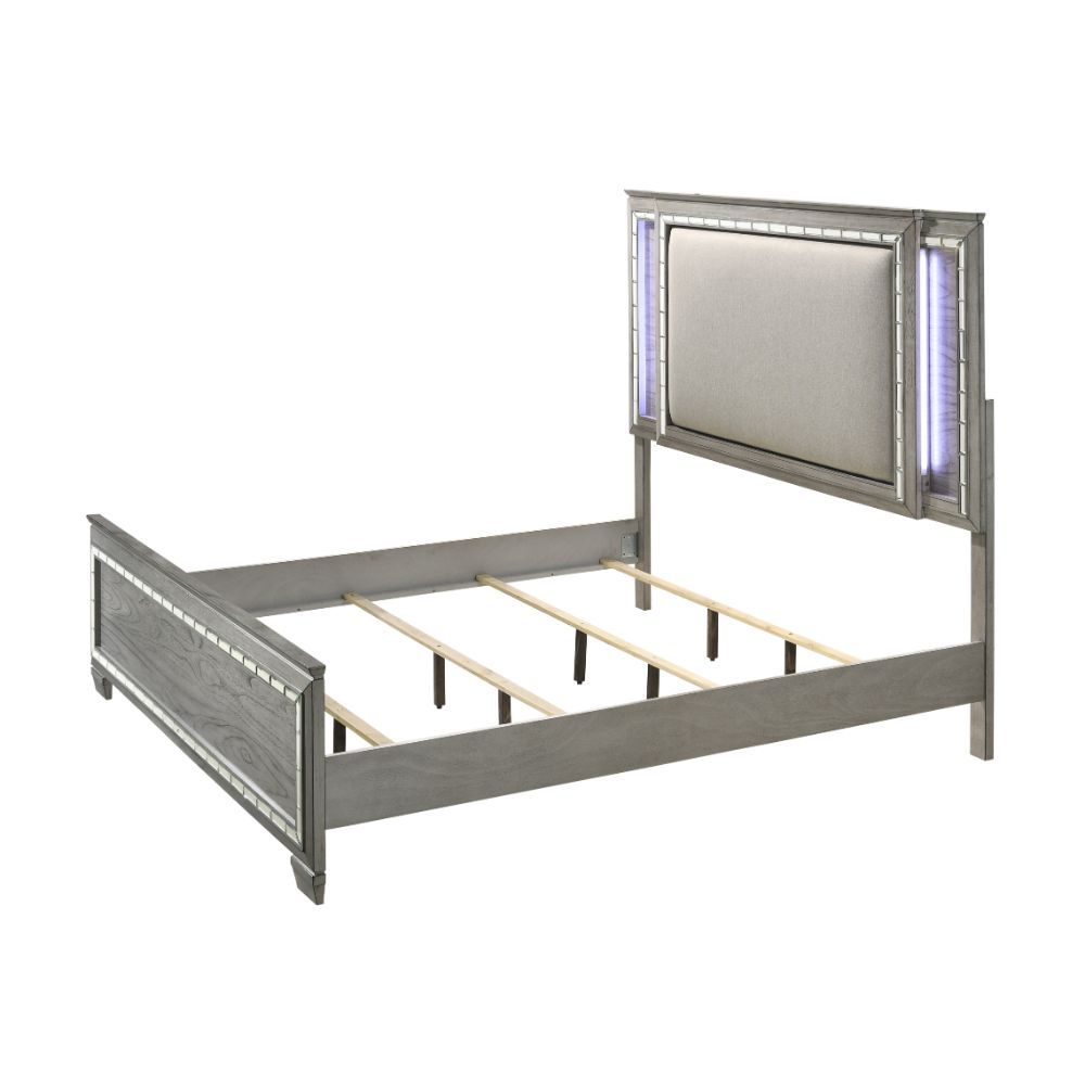 If you are looking for nobility with a touch of modern sophistication, the Antares bedroom collection has it. From the upholstered headboard with beveled mirror trim accented by led lighting to the light oak finished wood construction, this set is magnifi