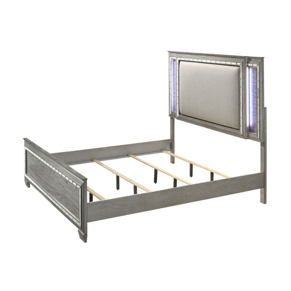  the Antares bedroom collection has it. From the upholstered headboard with beveled mirror trim accented by led lighting to the light oak finished wood construction