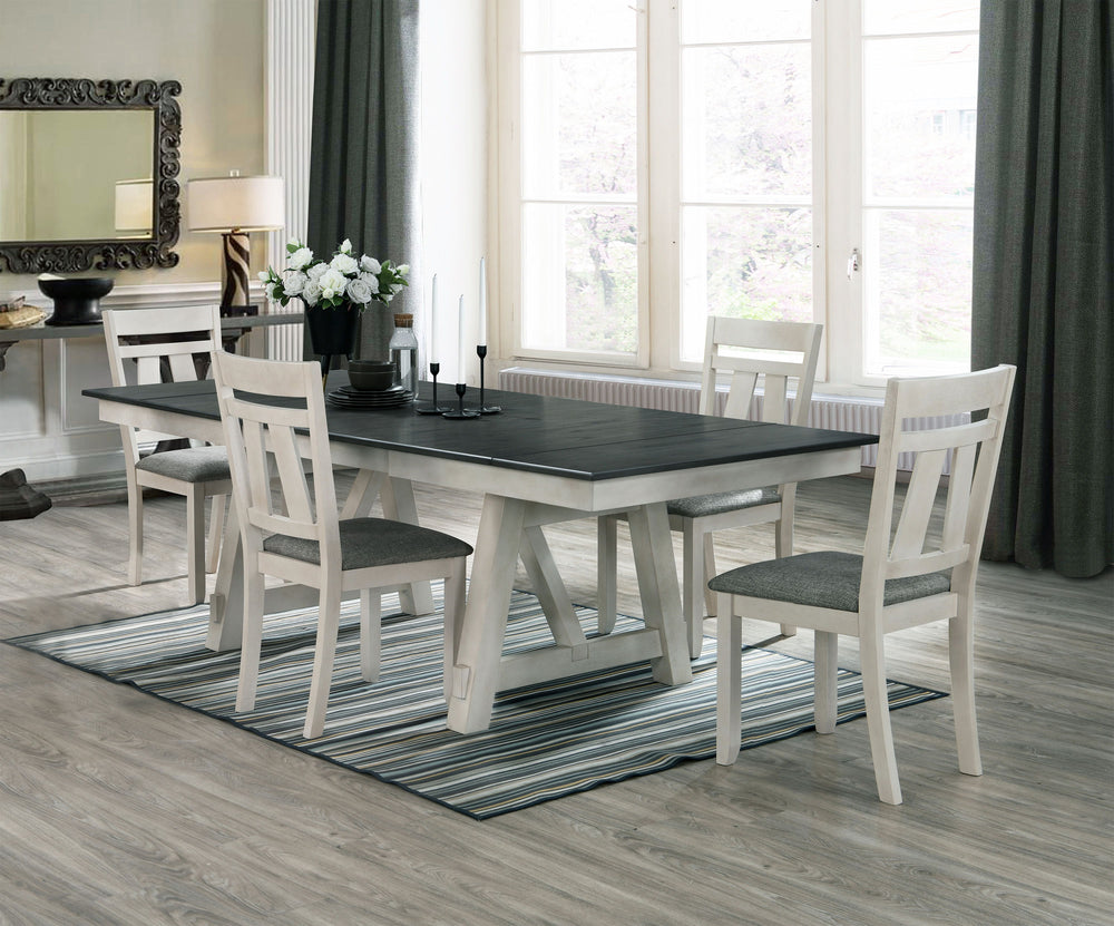 Create a warm and inviting dining space with this beautifully designed set that perfectly blends rustic charm with modern elegance. The two-tone finish features a striking dark tabletop with dual draw leaves contrasted with a soft, distressed base, adding