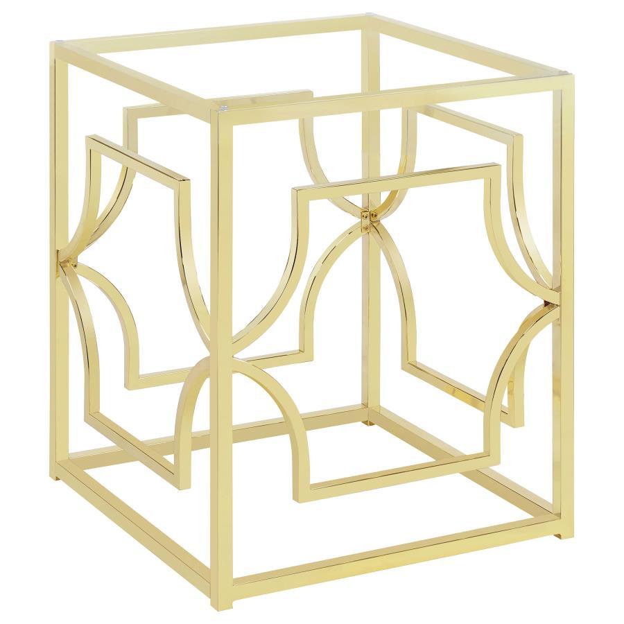 Sculptural and versatile, this round dining table base makes a bold design statement. The geometric metal frame showcases interlocking curved motifs within a square form, finished in a reflective electroplated surface. Designed to support a glass top of y
