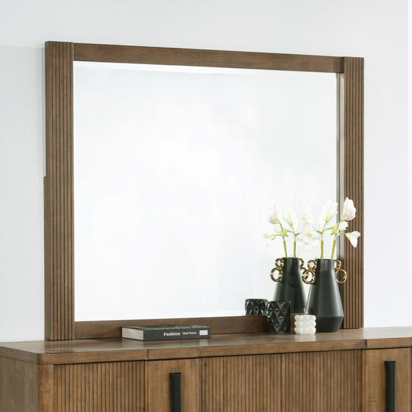  offering reflectivity and lightness to surrounding decor. The mirror frame boasts a cool ash brown wood finish and features vertical