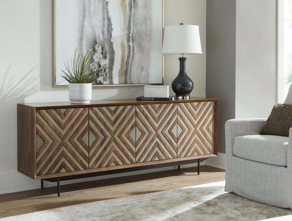 If youâ€™re looking for a cool accent piece loaded with character, then youâ€™ll want to carve out some space for this accent cabinet. Fabulous push magnet doors wow with their carved diamond design, while two interior shelves accommodate your storage nee