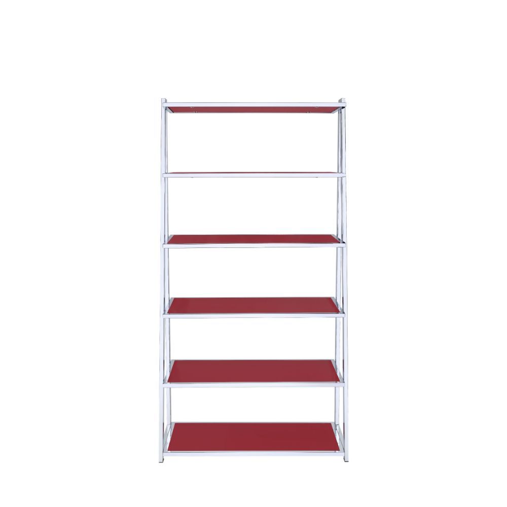 Coleen 6-Tier leaning bookcase is attractive and free standing and can be used as a bookshelf or display shelf. There are 6 total wooden shelves of differing sizes with an open back panel and a metal frame with a chrome finish. This bookshelf is the perfe