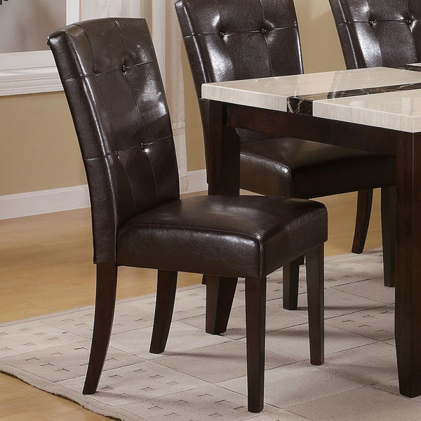 This transitional dining chairs collection will transform to your kitchen, dining or living room with a charming and elegant style. Fully upholstered in PU, crafted with selected quality materials, features button tufted backrest and walnut tapered legs.<