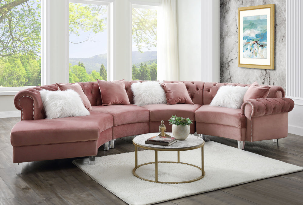 Modern and sophisticated, this Ninagold sectional sofa is perfect for any contemporary home. The pocket coil seating ensures that you are sitting in optimum comfort. Exquisite details such as nail-head trim, button tufting, and rolled armrests create a gl