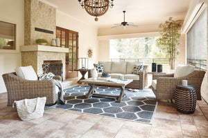 For indoor or outdoor use. Cushioned resin wicker dining and modular seating. 4 throw pillows included with LAF/RAF loveseat. 2 throw pillows included with curved corner chair. Dining, cocktail and end tables have porcelain tops. Rust free aluminum frames