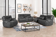 The Titan 3 Piece Power Motion Upholstery Set in gray, featuring a reclining sofa, console loveseat, and glider recliner with power headrests, is designed for durability and unparalleled comfort. Each piece is crafted with hardwood plywood and engineered 