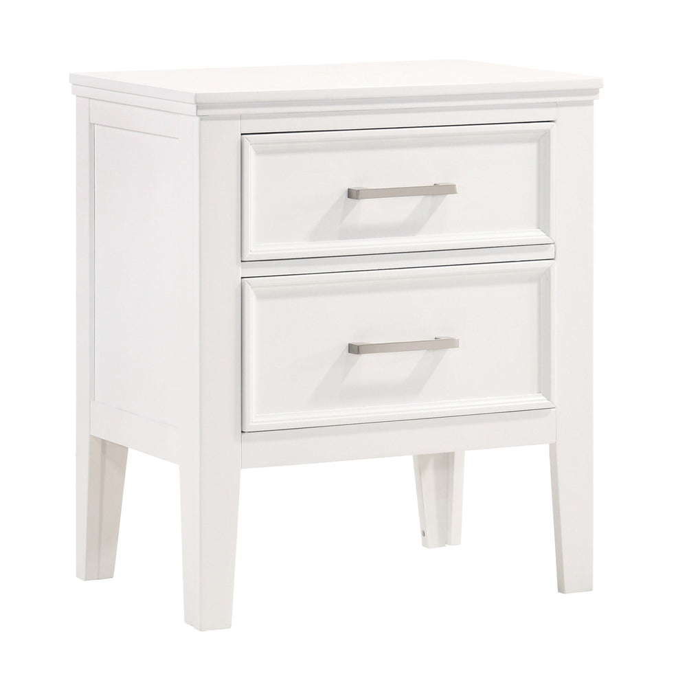 The Andover Two Drawer Wood Nightstand in White combines durability, style, and functionality, making it an essential addition to any bedroom. Expertly crafted from solid Rubberwood, manufactured woods, and wood veneers, this nightstand is built to last w