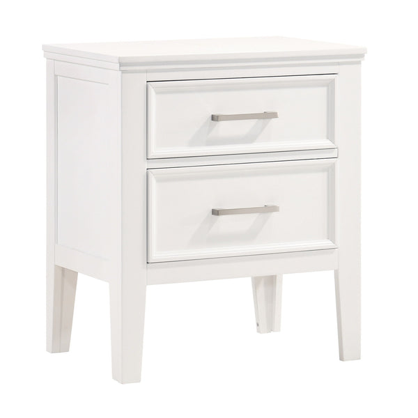 The Andover Two Drawer Wood Nightstand in White combines durability, style, and functionality, making it an essential addition to any bedroom. Expertly crafted from solid Rubberwood, manufactured woods, and wood veneers, this nightstand is built to last w