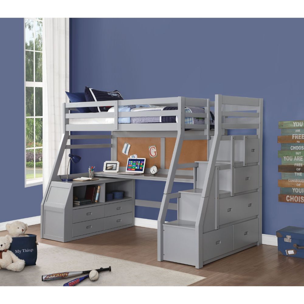 KD, Twin Loft, Storage Ladder, Desk & Chest Slat System Included (14) NOT Convertible (Can-'t separate into two Beds) Full Length Guard-Rail (Top Bed) Includes: RF Storage Ladder with 5 Drawers (Built-In), Storage Chest (4 Drawers & 2 Open Compartments), 