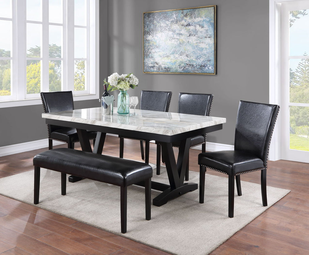 Introducing a harmonious blend of modern sophistication and classic elegance. This dining set showcases a refined faux marble tabletop supported by a distinctively designed black trestle base, creating a striking contrast. Accompanied by sleek chairs, acc