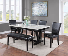 Introducing a harmonious blend of modern sophistication and classic elegance. This dining set showcases a refined faux marble tabletop supported by a distinctively designed black trestle base, creating a striking contrast. Accompanied by sleek chairs, acc
