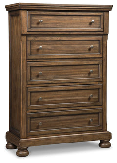 A fresh, new take on traditional style. This chest of drawers meets todayâ€™s design tastes with beauty and grace. Its tobacco brown finish allows the natural grain of the acacia veneers to show through in an organic way. Aged brass-tone knobs dress the f