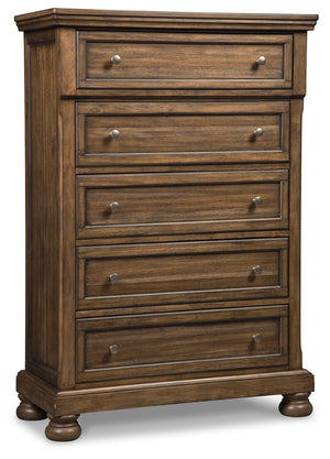 A fresh, new take on traditional style. This chest of drawers meets todayâ€™s design tastes with beauty and grace. Its tobacco brown finish allows the natural grain of the acacia veneers to show through in an organic way. Aged brass-tone knobs dress the f