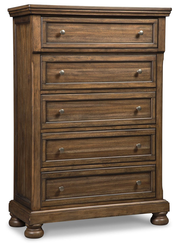 A fresh, new take on traditional style. This chest of drawers meets todayâ€™s design tastes with beauty and grace. Its tobacco brown finish allows the natural grain of the acacia veneers to show through in an organic way. Aged brass-tone knobs dress the f