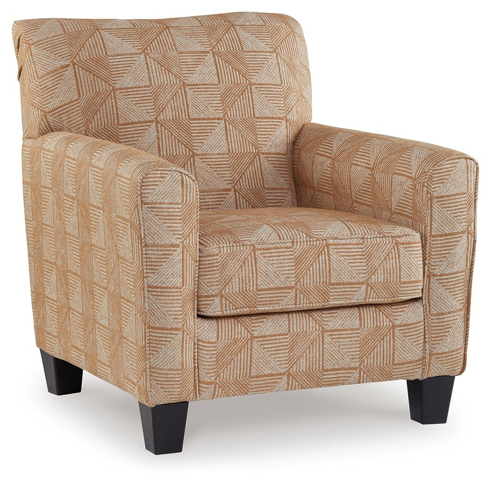 Add visual variation to your contemporary hideaway with this accent chair. Its geometric upholstery caps off your aesthetic with a welcome pop of pattern. In warmly neutral hues, the eye-catching chair stays versatile enough to pair with existing pieces. 