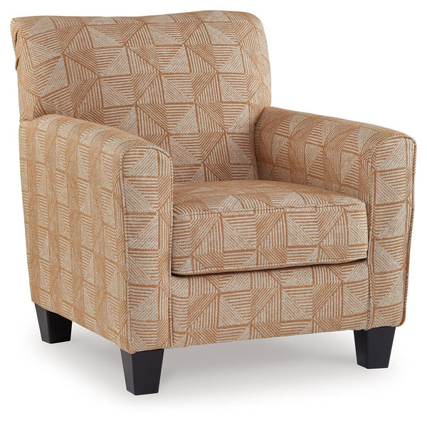 Add visual variation to your contemporary hideaway with this accent chair. Its geometric upholstery caps off your aesthetic with a welcome pop of pattern. In warmly neutral hues, the eye-catching chair stays versatile enough to pair with existing pieces. 