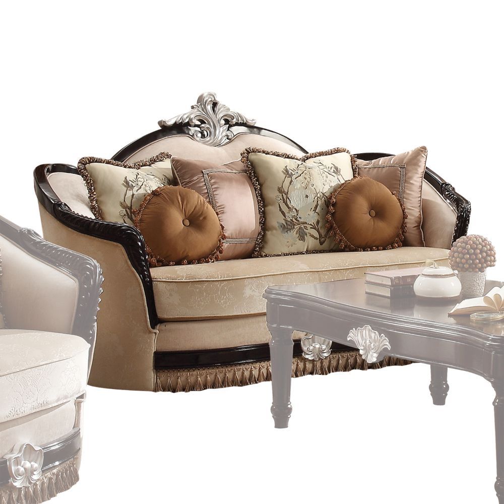 The Ernestine sofa set is an impeccable example of truly remarkable and opulent traditional design. From the curved wood trim on backrest and armrest to the wooden bun leg, every detail boasts old world elegance. Covering in tan fabric, it features tight 