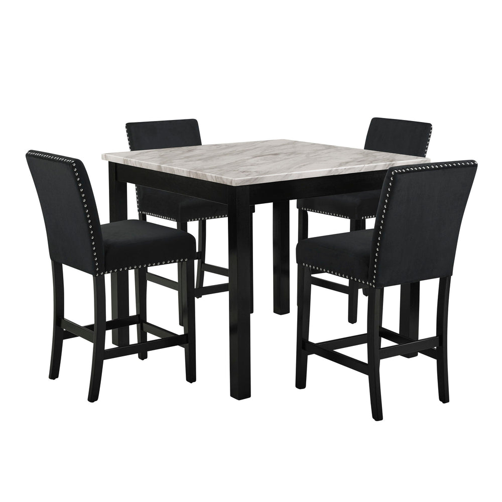 The Celeste 5-Piece Counter Height Dining set is a perfect blend of contemporary glamour and timeless functionality. This set includes a 42-inch square counter height dining table with an espresso base and a faux marble top featuring white with gray veini